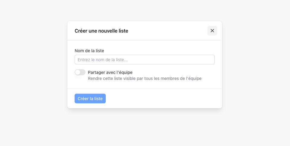Create list modal showing name input and share toggle
