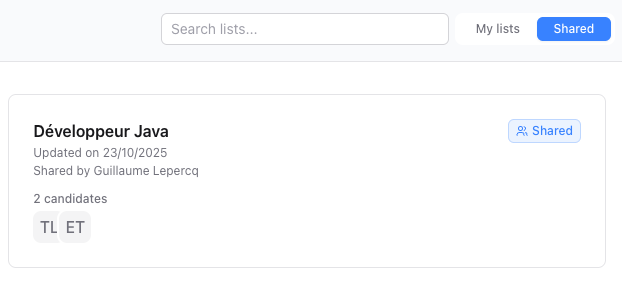 Shared tab showing lists from team members
